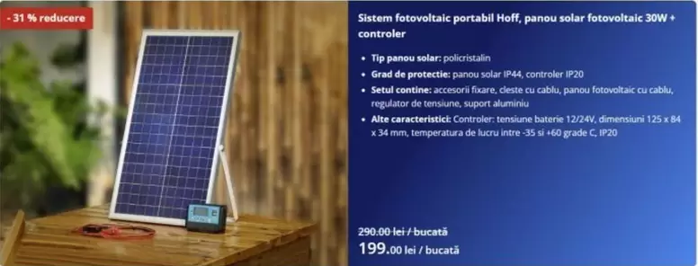 Sistem fotovoltaic portabil Hoff, panou solar fotovoltaic 30W + controller