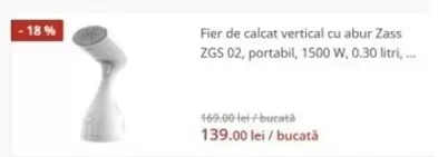 Vertical - Fier de calcat vertical cu abur ZGS 02, portabil, 1500 W, 0.30 litri