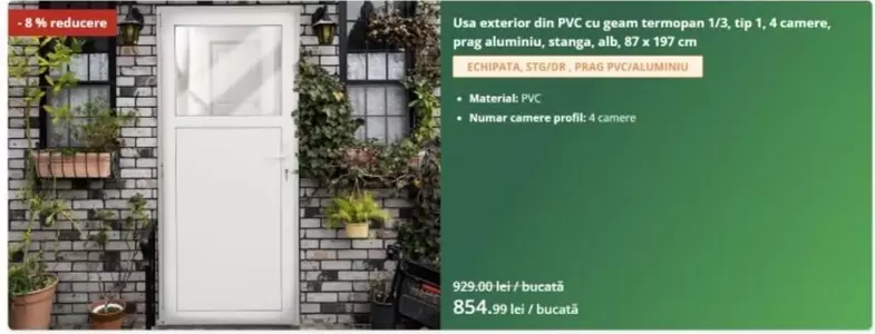 Alb - Usa exterior din PVC cu geam termopan 1/3, tip 1, 4 camere, prag aluminiu, stanga, alb, 87 x 197 cm