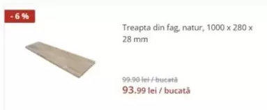 Treapta din fag, natur, 1000 x 280 x 28 mm