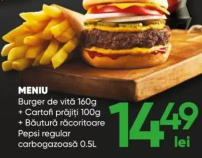 Pepsi - Burger de vită 160g + Cartofi prăjiţi 100g + Băutură răcoritoare