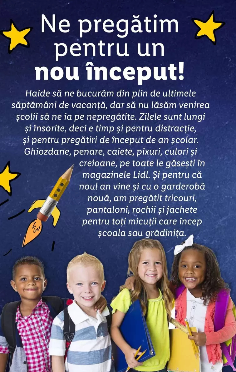 Ghiozdane, penare, caiete, pixuri, culori şi creioane, tricouri, pantaloni, rochii şi jachete