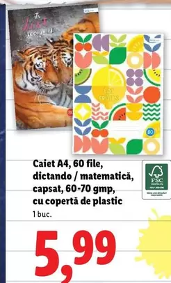 Caiet A4, 60 file, dictando/matematică, capsat, 60-70 gmp, cu copertă de plastic
