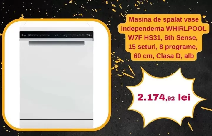Alb - Masina de spalat vase independenta W7F HS31, 6th Sense, 15 seturi, 8 programe, 60 cm, Clasa D, alb