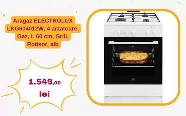 Electrolux - LKG604012W, 4 arzatoare, Gaz, L 60 cm, Grill, Rotisor, alb