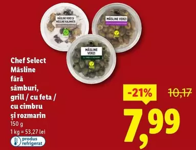 Măsline fără samburi, grill/cu feta/cu cimbru și rozmarin