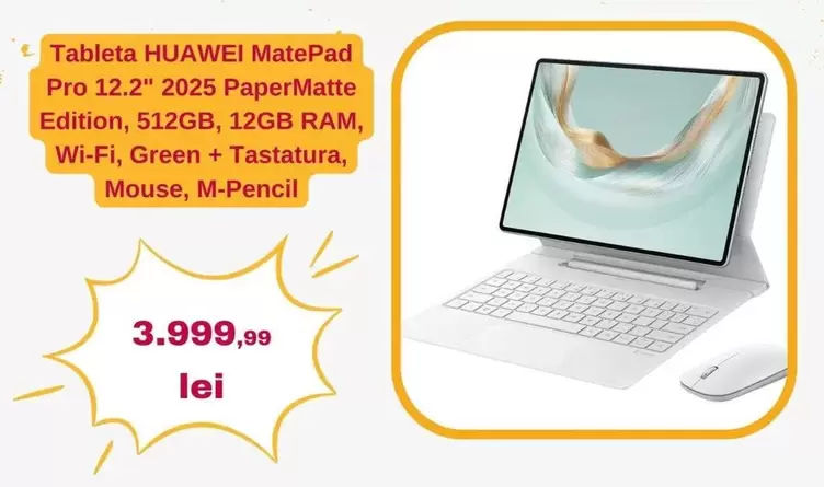 Huawei - MatePad Pro 12.2" 2025 PaperMatte Edition, 512GB, 12GB RAM, Wi-Fi, Green + Tastatura, Mouse, M-Pencil