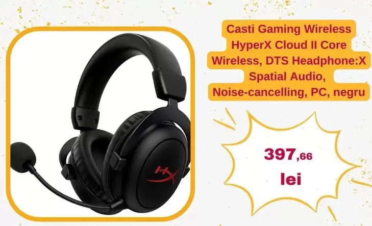 Cloud II Core Wireless, DTS Headphone:X Spatial Audio, Noise-cancelling, PC, negru