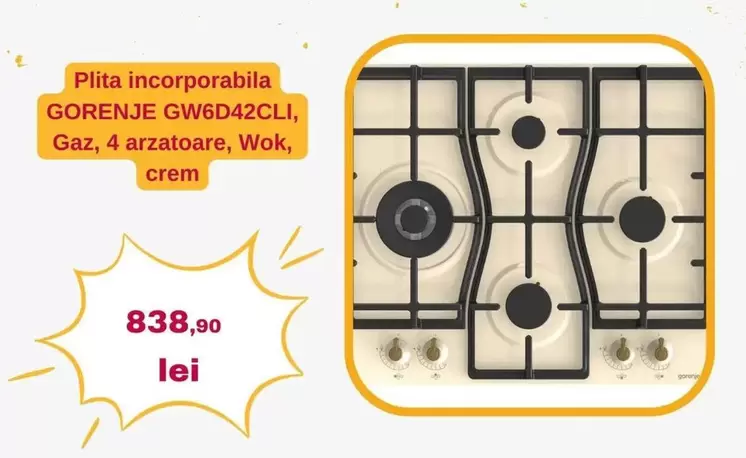 GW6D42CLI, Gaz, 4 arzatoare, Wok, crem