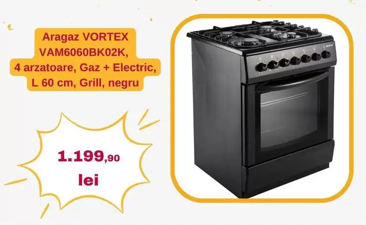 VAM6060BK02K, 4 arzatoare, Gaz + Electric, L 60 cm, Grill, negru