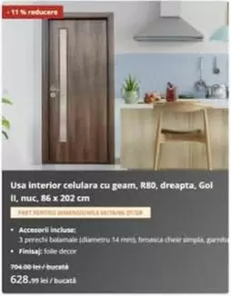 Usa interior celulara cu geam, R80, dreapta, Gol II, nuc, 86 x 202 cm