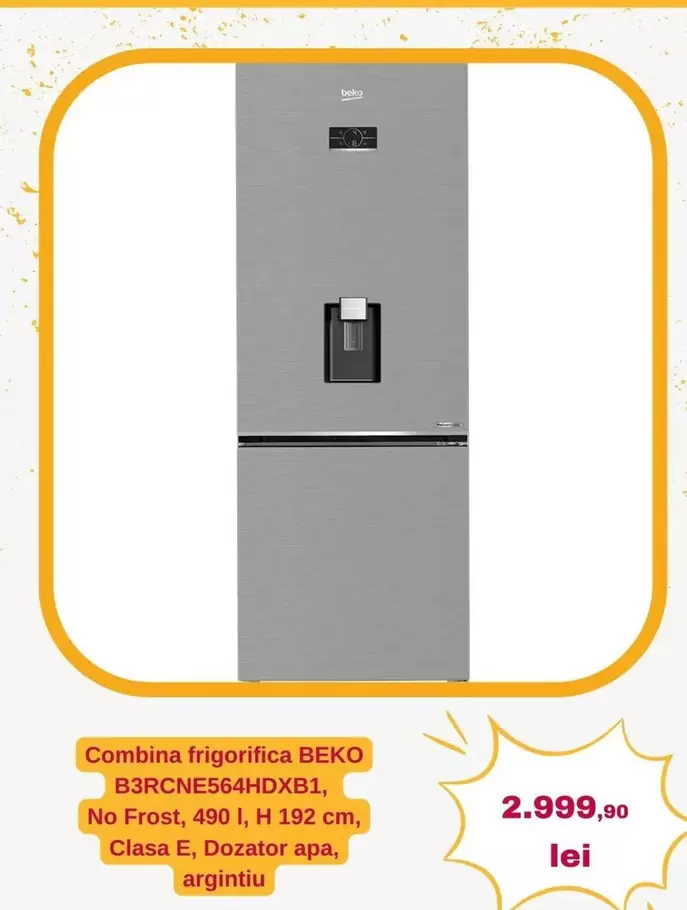 Beko - B3RCNES64HDXB1, No Frost, 490 l, H 192 cm, Clasa E, Dozator apa, argintiu