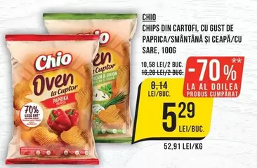 Chio - CHIPS DIN CARTOFI, CU GUST DE PAPRICA/SMÂNTÂNĂ ȘI CEAPĂ/CU SARE
