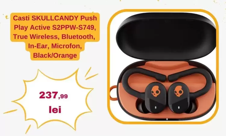 Push Play Active S2PPW-S749, True Wireless, Bluetooth, In-Ear, Microfon, Black/Orange