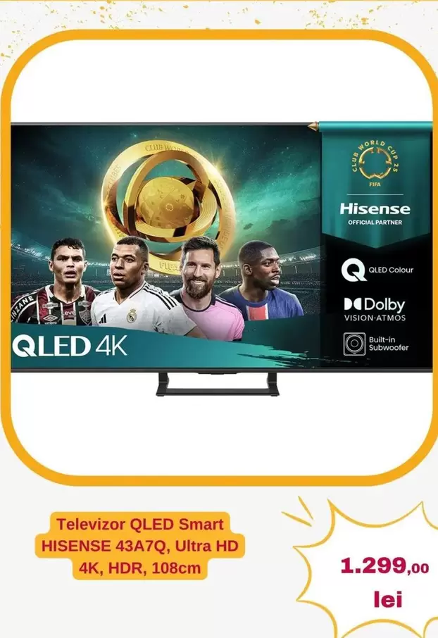 Fifa - QLED Smart HISENSE 43A7Q, Ultra HD 4K, HDR, 108cm