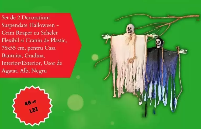 Alb - Set de 2 Decoratiuni Suspendate Halloween- Grim Reaper cu Schelet Flexibil si Craniu de Plastic, 75x55 cm, pentru Casa Bantuita, Gradina, Interior/Exterior, Usor de Agatat, , Negru