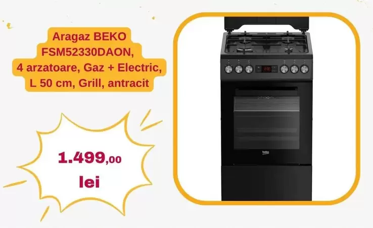Beko - FSM52330DAON, 4 arzatoare, Gaz + Electric, L 50 cm, Grill, antracit