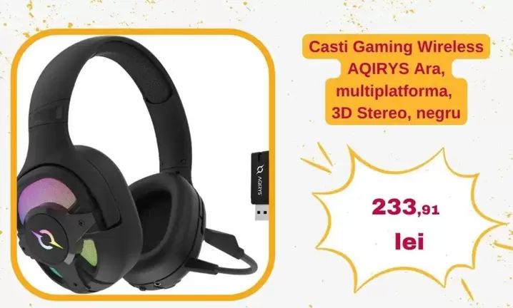 Gaming Wireless AQIRYS Ara, multiplatforma, 3D Stereo, negru