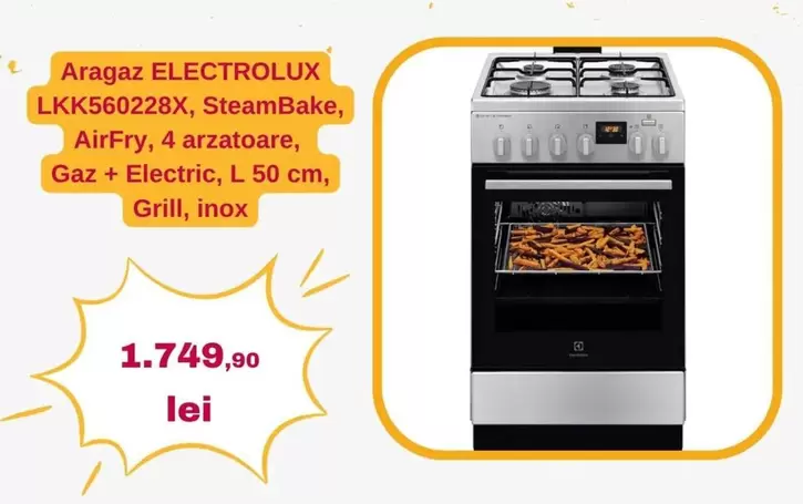 Electrolux - LKK560228X, SteamBake, AirFry, 4 arzatoare, Gaz + Electric, L 50 cm, Grill, inox