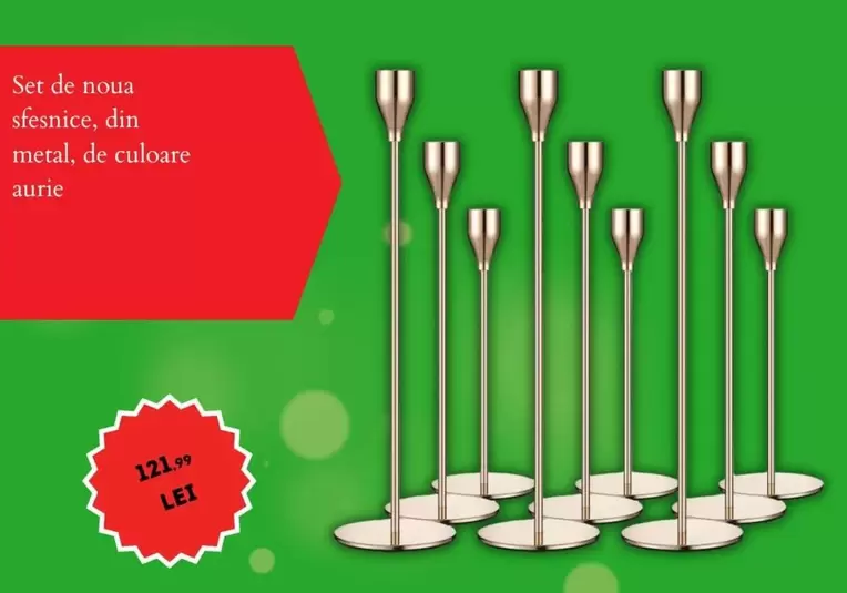 Set de noua sfesnice, din metal, de culoare aurie