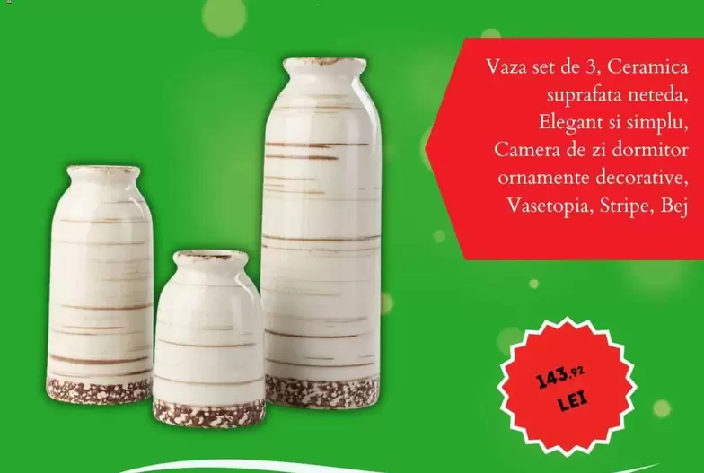 Vaza set de 3, Ceramica suprafata neteda, Elegant si simplu, Camera de zi dormitor ornamente decorative, Vasetopia, Stripe, Bej