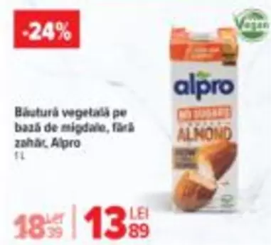 Alpro - Băutură vegetală pe bază de migdale, fără zahăr