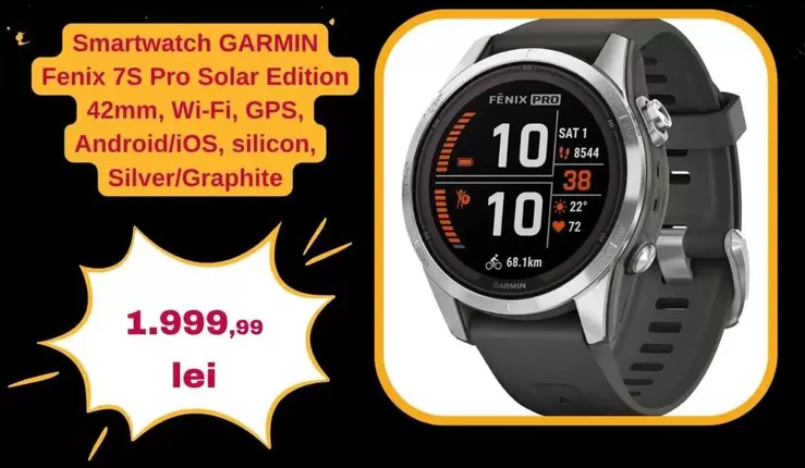 Fenix 7S Pro Solar Edition 42mm, Wi-Fi, GPS, Android/iOS, silicon, Silver/Graphite