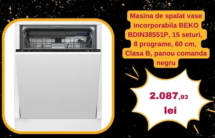 Beko - Masina de spalat vase incorporabila BDIN38551P, 15 seturi, 8 programe, 60 cm, Clasa B, panou comanda negru