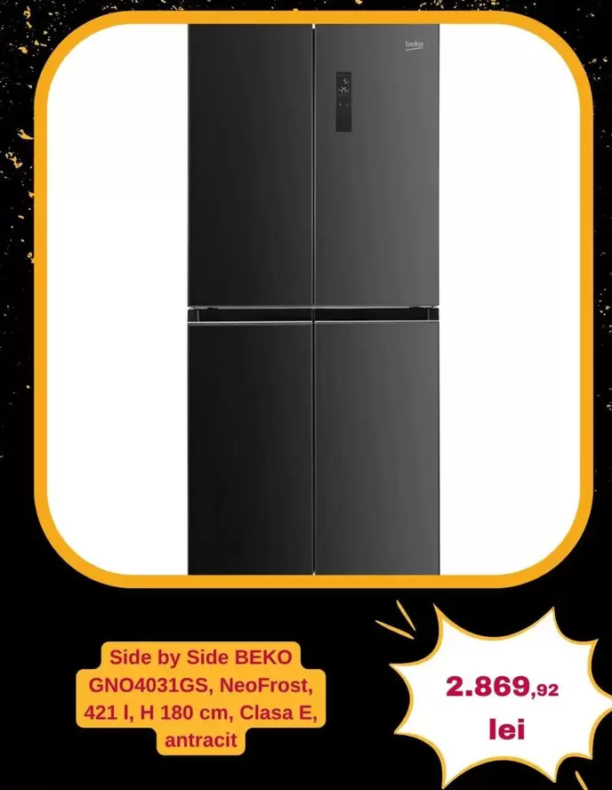 Beko - GNO4031GS, NeoFrost, 421 I, H 180 cm, Clasa E, antracit