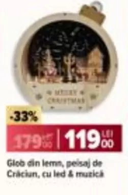 Glob din lemn, peisaj de Crăciun, cu led & muzică