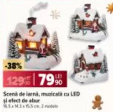 Scenă de iarnă, muzicală cu LED și efect de abur