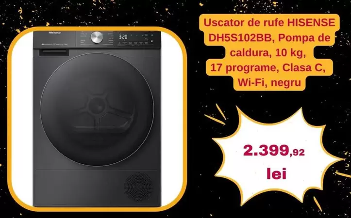 DH5S102BB, Pompa de caldura, 10 kg, 17 programe, Clasa C, Wi-Fi, negru