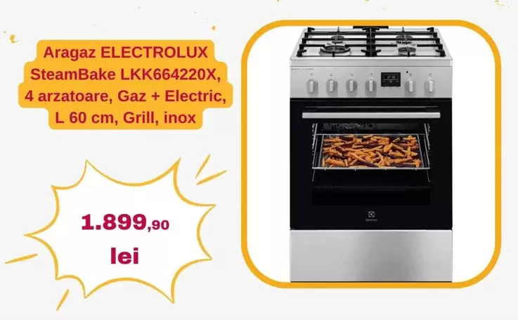 Electrolux - SteamBake LKK664220X, 4 arzatoare, Gaz + Electric, L 60 cm, Grill, inox