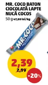 BATON CIOCOLATĂ LAPTE NUCĂ COCOS