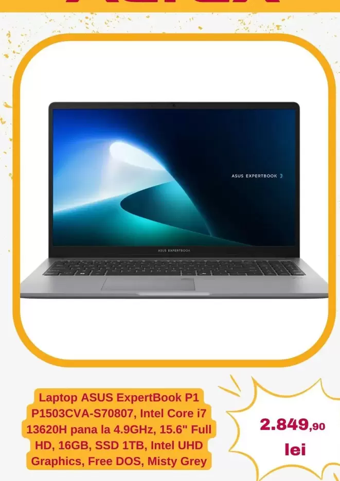 Intel - ExpertBook P1 P1503CVA-570807, Core i7 13620H pana la 4.9GHz, 15.6" Full HD, 16GB, SSD 1TB, UHD Graphics, Free DOS, Misty Grey