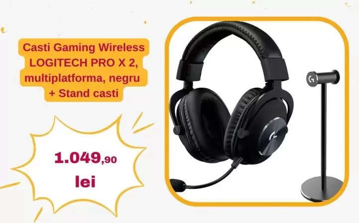 Logitech - Gaming Wireless PRO X 2, multiplatforma, negru + Stand casti