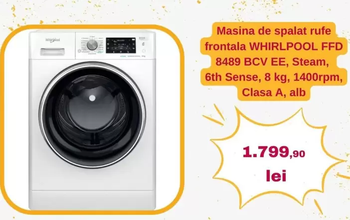 Alb - Masina de spalat rufe frontala FFD 8489 BCV EE, Steam, 6th Sense, 8 kg, 1400rpm, Clasa A, alb