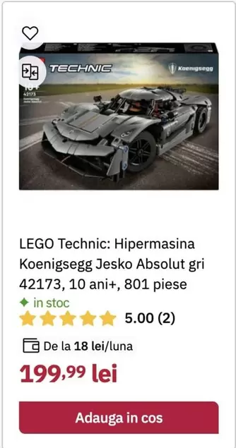 Lego - Hipermasina Koenigsegg Jesko Absolut gri 42173, 10 ani+, 801 piese