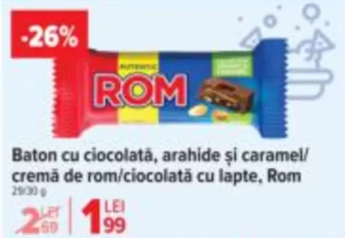 Baton cu ciocolată, arahide și caramel/cremă de rom/ciocolată cu lapte