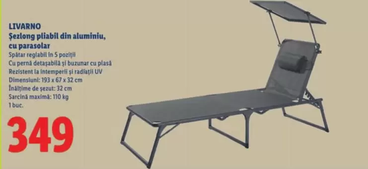 Șezlong pliabil din aluminiu, cu parasolar