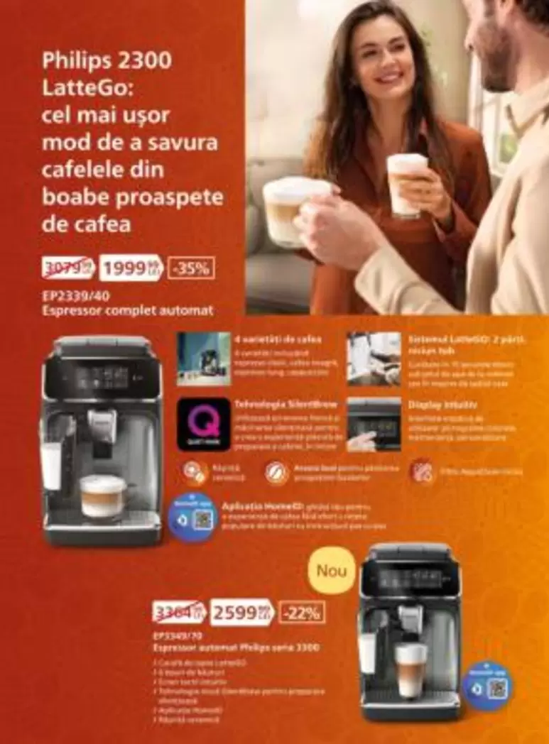 Philips -  2300 LatteGo: cel mai ușor mod de a savura cafelele din boabe proaspete de cafea EP2330/40 Expresor complet automat