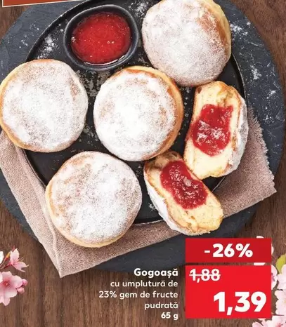 Gogoașă cu umplutură de 23% gem de fructe pudrată