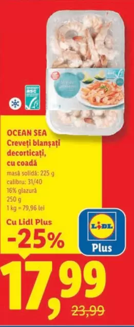 Creveți blanșați, decorticați, cu coadă