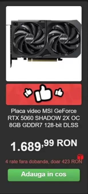 Placa video GeForce RTX 5060 SHADOW 2X OC 8GB GDDR7 128-bit DLSS