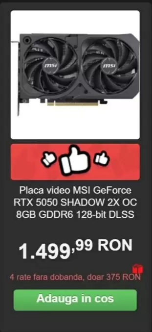 Placa video GeForce RTX 5050 SHADOW 2X OC 8GB GDDR6 128-bit DLSS