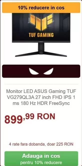 Monitor LED Gaming TUF VG279QL3A 27 inch FHD IPS 1 ms 180 Hz HDR FreeSync