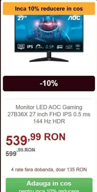 Monitor LED AOC Gaming 27B36X 27 inch FHD IPS 0.5 ms 144 Hz HDR