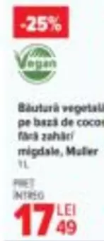 Băutură vegetală pe bază de cocos fără zahăr, migdale