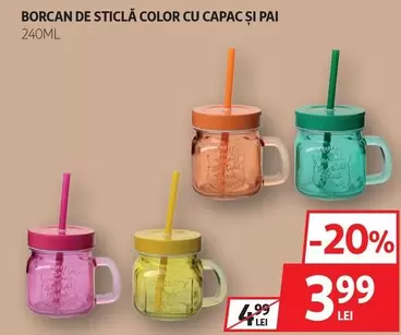 BORCAN DE STICLĂ COLOR CU CAPAC ȘI PAI