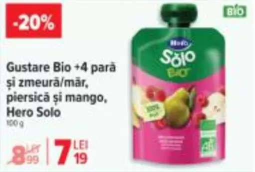 Gustare Bio +4 pară și zmeură/măr, piersică și mango